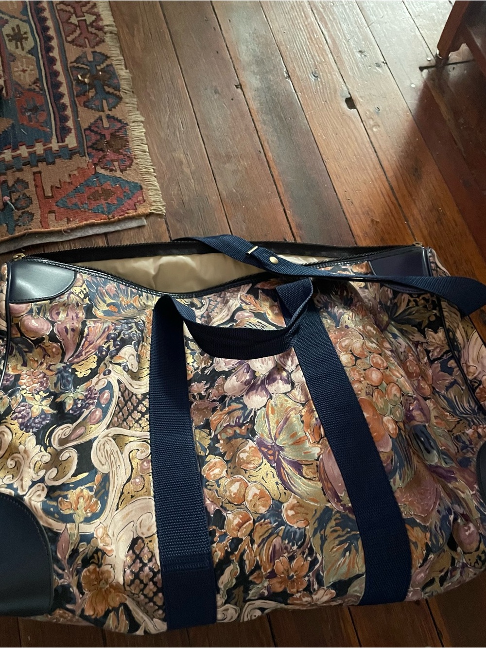 Vintage Multicolor Floral Travel Weekender Bag with Navy Straps